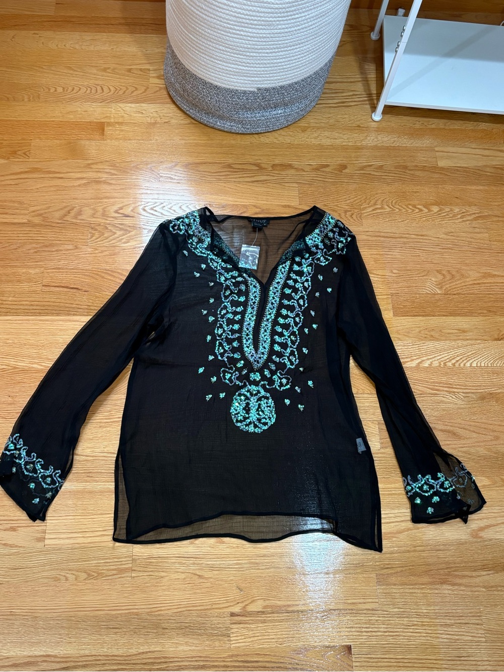 NWOT VENUS Black Sheer V-Neck Tunic with Teal Embroidery